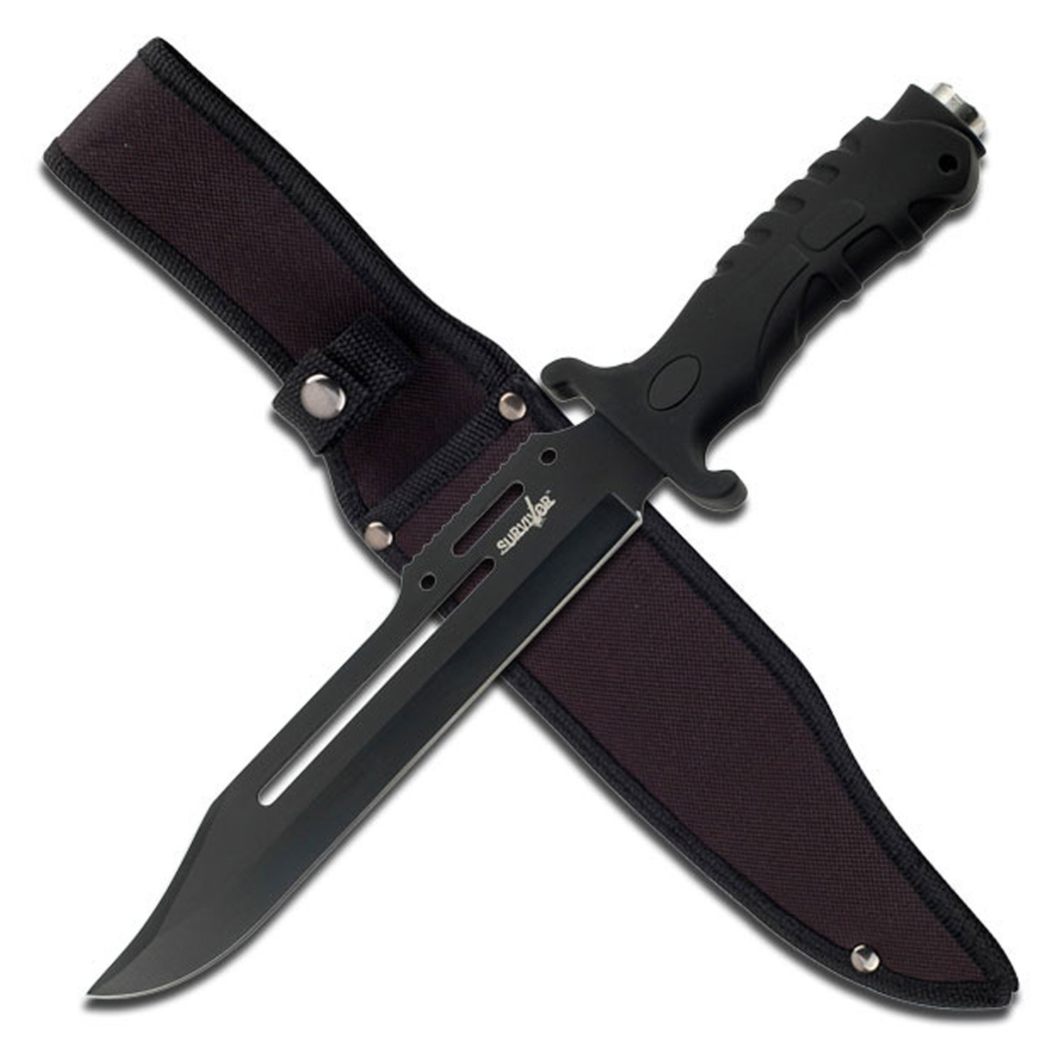  All Black Combat Survivor Hunter Knife. 10 1/2 Inch Overall in length Includes Carrying Case. Features stainless steel black blade.
