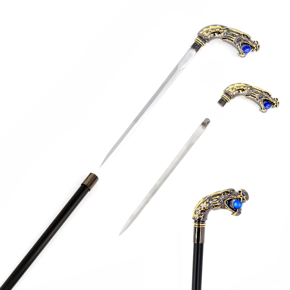 Roaring Dragon Head Sword Cane With Green Marble