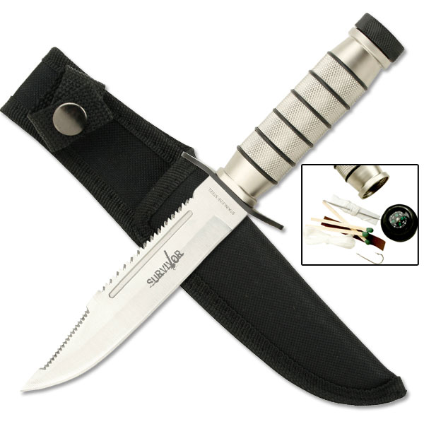 Silver Stainless Steel Blade Survival Knife and Kit