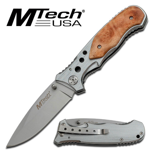 Mtech Folder Knife With Aluminum Handle W/ Wood Overlay