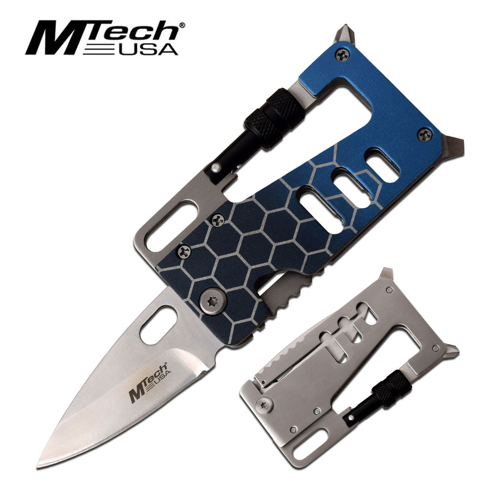 MTech USA Survival Toll Folding Pocket Knife In Blue Carabiner