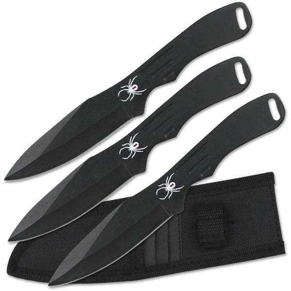 3pc Black Stainless Steel Throwing Knives with Spider Graphic -